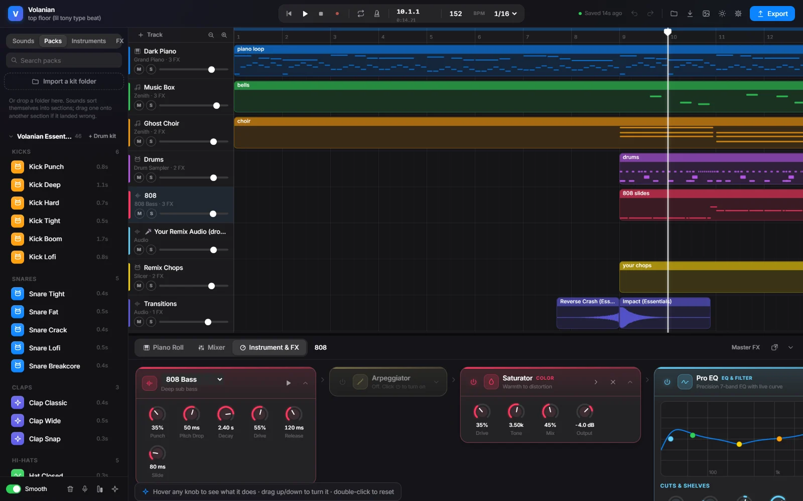 The Packs library and a Drum Sampler loaded with kick, snare and hat sounds