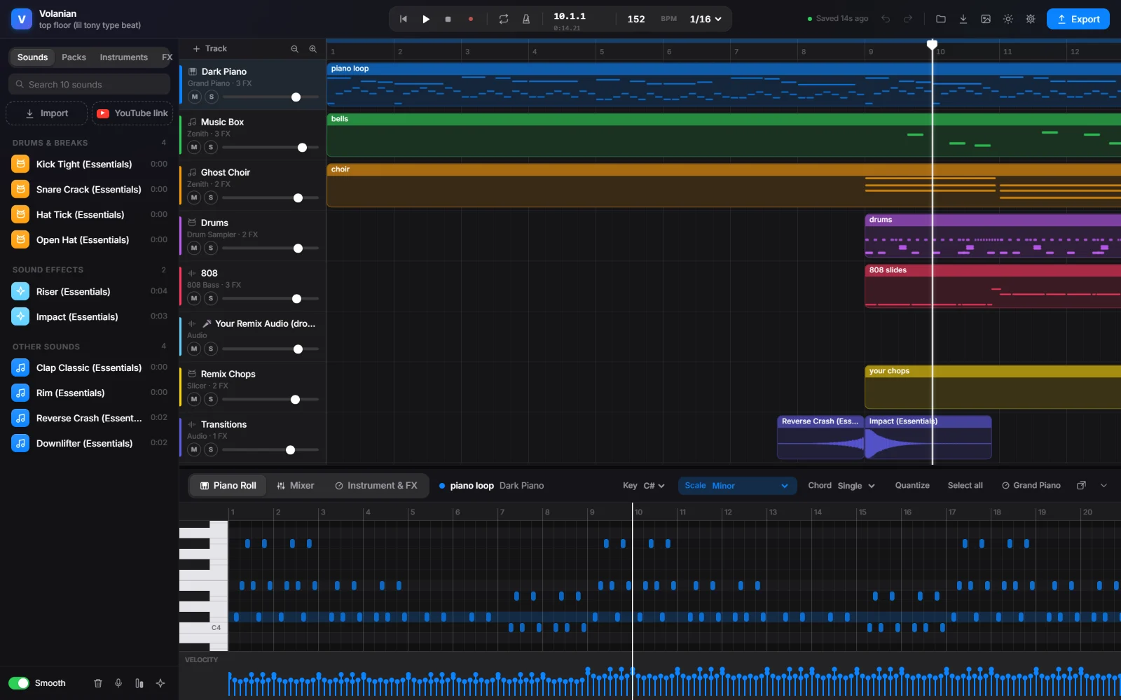 The Volanian studio: tracks on a timeline, a sound library on the left and the piano roll below