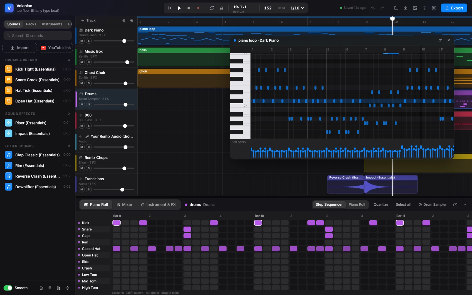 A floating piano roll window over the drum step sequencer